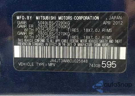 2012 Mitsubishi Outlander Se z USA, uszkodzony, nr VIN JA4JT3AW8CU025848